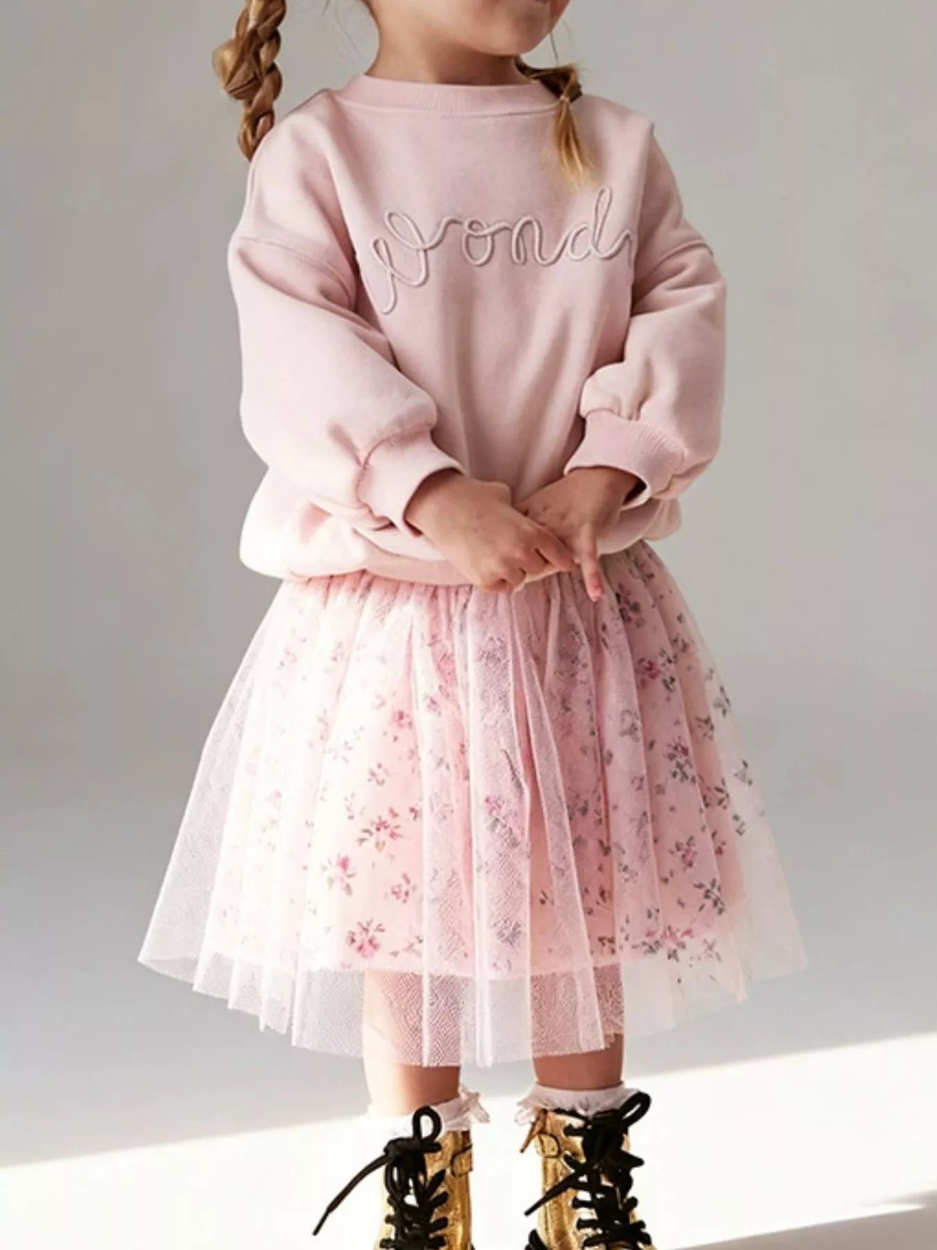 Children's Embroidered Sweatshirt & Floral Tulle Skirt Set