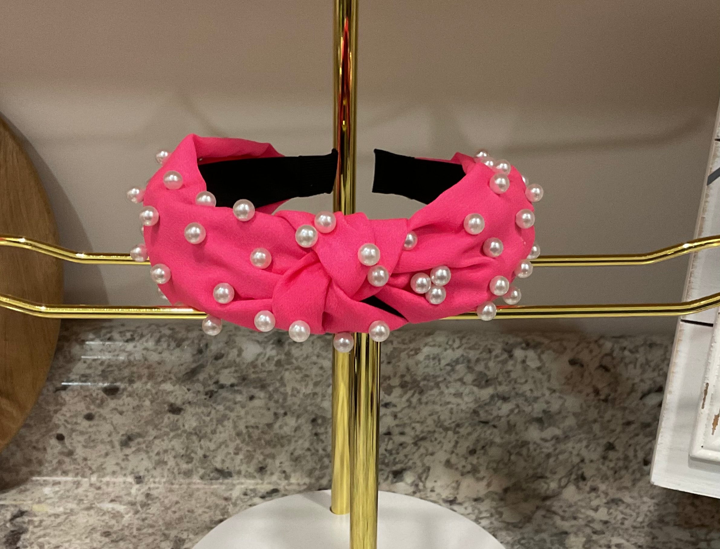 000131 Pink knotted headband with pearls
